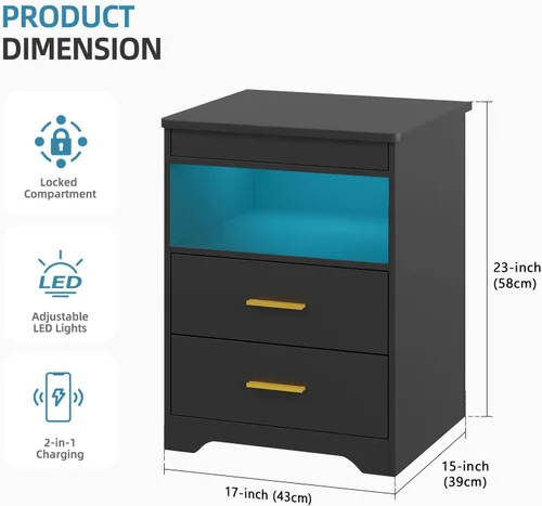 Miniatura 2 de Gurexl Juego de 2 mesitas de noche con estación de carga para dormitorio, mesa auxiliar con cajón secreto para armas, moderna mesa auxiliar LED