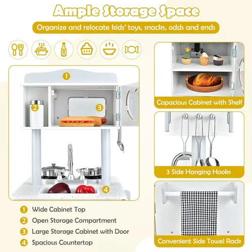 Miniatura 4 de HONEY JOY Juego de cocina para niños, cocina de doble cara para niños pequeños, horno y fregadero, dispensador de cubitos de hielo, utensilios