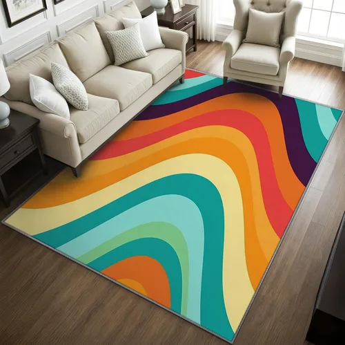 Miniatura 2 de Alfombras retro para sala de estar, alfombras de área de los años 70, 5 x 7, alfombra de onda abstracta, alfombra de arco iris colorida para sala