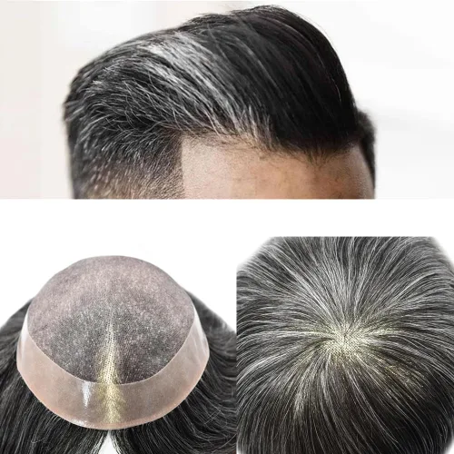 Miniatura 64 de Tupé para hombre, pieza de cabello humano real, monofilamento, tupé para hombres, postizos, unidades de sistema de reemplazo de cabello, gris