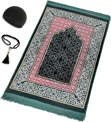 Miniatura 9 de Juego de alfombras de oración islámica de terciopelo (alfombra gruesa de oración, 99 cuentas de oración Tasbih, sombrero kufi de algodón negro), Azul