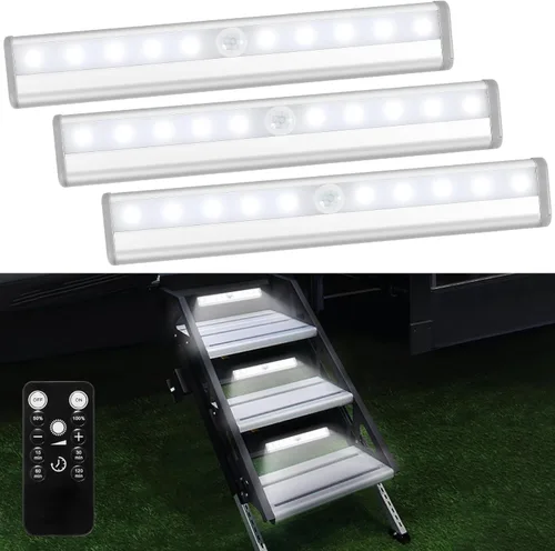 Paquete de 3 Luces de Escalón para RV con Control Remoto, Tira de Luz de 10 LED que Funciona con Batería para Autocaravana, Barra de Luz Nocturna