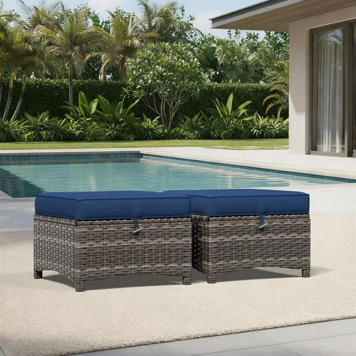 Miniatura 2 de Joyside Juego de 2 otomanas para exteriores, reposapiés otomano grande para patio con cojines gruesos, taburete de mimbre para exteriores para Azul