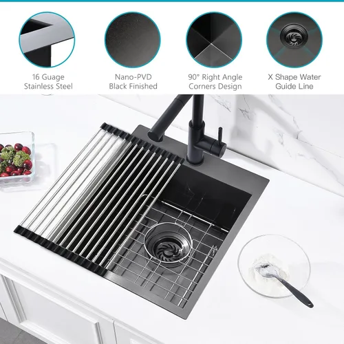 Miniatura 3 de Fregadero de barra negra de 15 pulgadas, 15 x 18 x 10 pulgadas, calibre 16, T304, de acero inoxidable negro, pequeño, fregadero de cocina, montaje