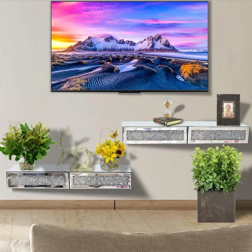 Miniatura 4 de Estante de pared con espejo de diamantes de cristal con cajón, estante flotante de vidrio triturado plateado de 31.5 pulgadas para dormitorio, sala