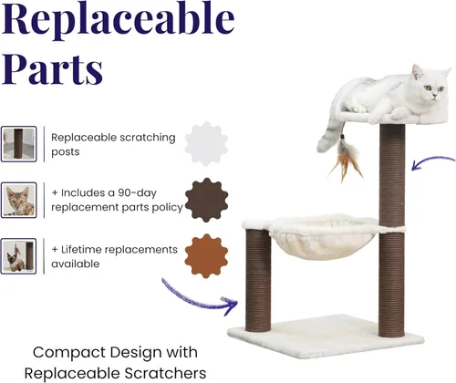 Miniatura 3 de Catry Nirvana Árbol para gatitos de 3 niveles con perca de felpa, hamaca suave y postes rascadores de cuerda de papel, muebles minimalistas