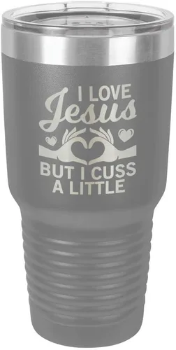 Miniatura 12 de Taza de viaje con texto en inglés "I Love Jessus I CUSS A LITTLE Engraved Tumbler", de acero con recubrimiento de polvo grabado con láser, sin BPA