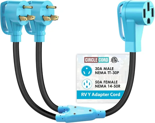 CircleCord Cable adaptador en Y para RV con certificación ETL, dos de 30 amperios a 50 amperios, enchufe macho NEMA TT-30P a hembra 14-50R con mango