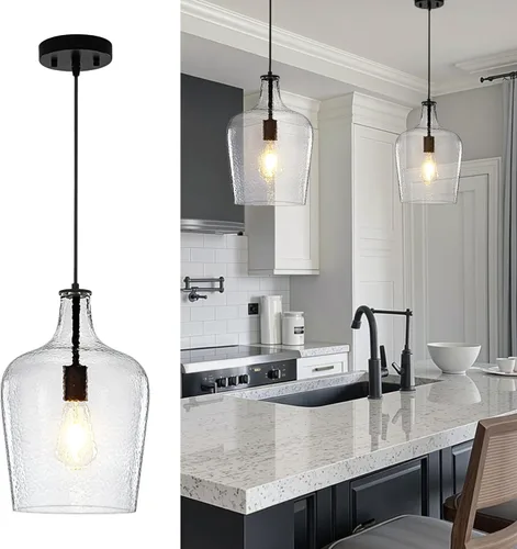 Paquete de 2 lámparas colgantes de vidrio de 9.3 pulgadas para isla de cocina, lámpara colgante grande negra con vidrio grueso soplado, 1 luz