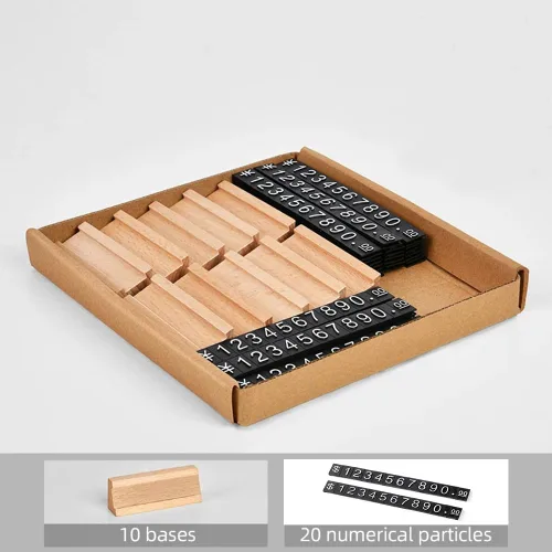Miniatura 5 de 10 juegos/caja de exhibición de precios Soporte de mostrador de precio de madera, cubo digital con número de letra, etiqueta de precio ajustable
