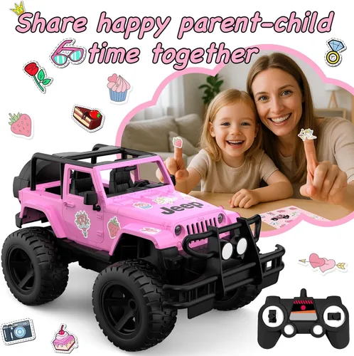 Miniatura 5 de DOUBLE E Jeep con licencia de escala 1:14 en color rosa, coche de control remoto para niñas con pegatinas DIY, diseño de techo abierto, camioneta RC