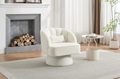 Miniatura 6 de GarveeHome Silla de Acento Moderna Giratoria Tipo Barril, Sillón Tapizado en Tela Teddy de 360° con Respaldo a Rayas y Acolchado de Felpa, Cómoda