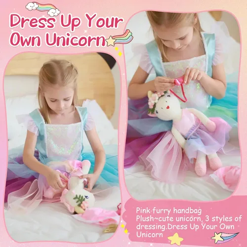 Miniatura 7 de Juguetes de Animales de Peluche Muñeca de Unicornio para Niñas - Muñeca Bailarina Bolsa de Transporte de Felpa 3 Juegos de Accesorios de Tela