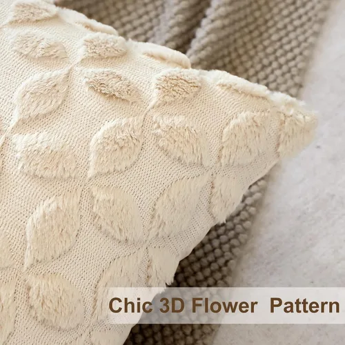 Miniatura 5 de OTOSTAR Juego de 2 fundas de almohada decorativas de terciopelo de lana suave con patrón de flores en 3D, fundas de cojín para sofá de sala de Crema