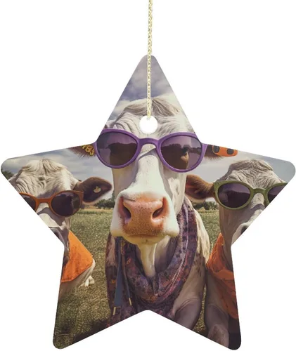 Miniatura 13 de Adorno de vacas en gafas de sol de porcelana de doble cara de 3 pulgadas, casa de campo, árbol de Navidad, accesorios para colgar, adorno de regalo