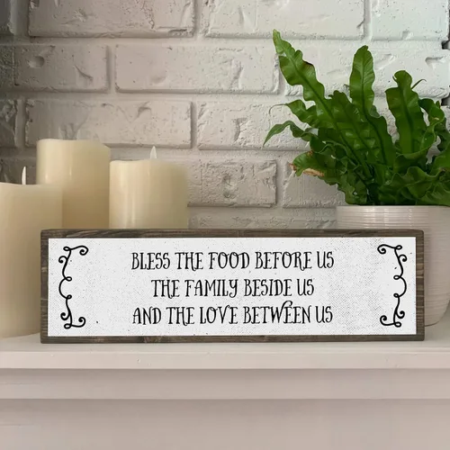 Miniatura 4 de Letreros de madera de cocina (medianos, madera y metal, bendiga la comida antes que nosotros, la familia a nuestro lado y el amor entre nosotros)