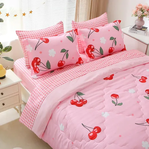 Miniatura 9 de Juego de ropa de cama con lazo para niñas, tamaño matrimonial, 7 piezas, color azul, Kawaii con lazo, cama en una bolsa para niños y adolescentes