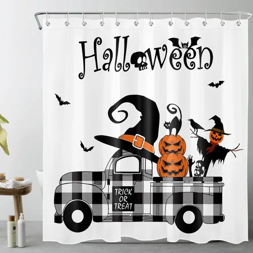 Miniatura 8 de LB Cortina de ducha de Halloween, cementerio de terror, fantasma, gatos negros en árbol, calabaza, cortinas de ducha para baño con ganchos, 60 x 72