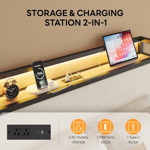 Miniatura 4 de LIKIMIO Base de cama matrimonial con cabecera de almacenamiento y luces LED, plataforma de metal con estación de carga, sin ruido, no necesita