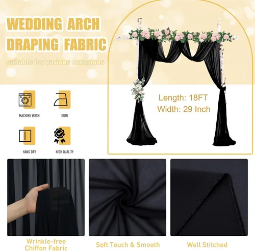 Miniatura 4 de FUHSY Arco de boda de 18 pies, 2 paneles de tela de gasa negra, cortinas transparentes para telón de fondo, accesorios de boda, arcos de boda