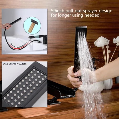 Miniatura 4 de Grifo de bañera romano negro con ducha de mano, grifo de bañera de montaje en cubierta con rociador, juego de grifo de bañera en cascada