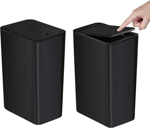 Miniatura 10 de TIPGO Basurero de baño con tapa, cubo de basura delgado de 10 litros/2.6 galones, cesta de basura pequeña con tapa desplegable para cocina, Negro