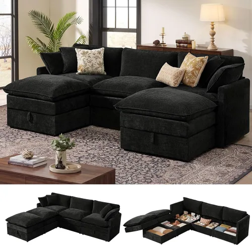 Miniatura 21 de Ihanherry Sofá cama modular de gran tamaño con almacenamiento, sofá nube modular de 6 plazas de 103 pulgadas con otomanas móviles, sofás de felpilla