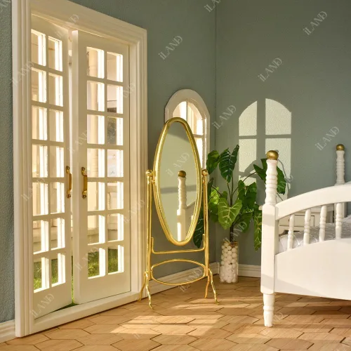 Miniatura 4 de iLAND Muebles y accesorios para casa de muñecas a escala 1:12, perchero en miniatura y espejo completo (color dorado)