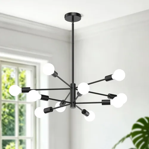 Miniatura 18 de Candelabros Sputnik Modernos para Comedor, Altura Ajustable Semi Empotrado Negro y Dorado Candelabro Lámpara de Techo Montaje 6 Luces Mediados