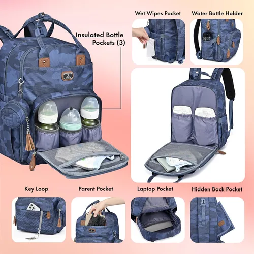 Miniatura 4 de Dikaslon Mochila para pañales con cambiador portátil, funda para chupete y correas para cochecito, bolsas de bebé unisex grandes para niños y niñas