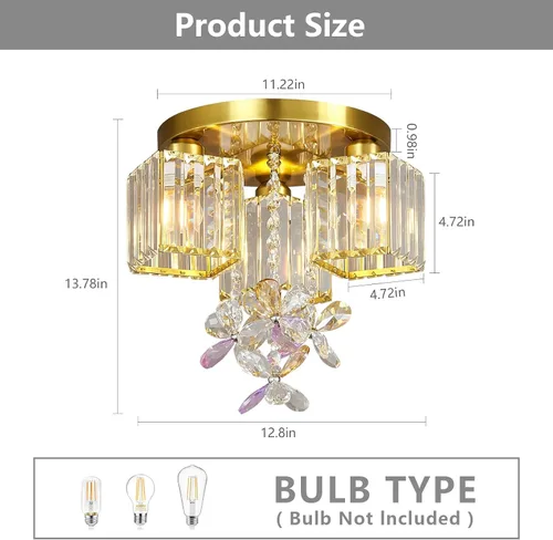 Miniatura 2 de Lámpara de techo semiempotrada, 3 lámparas cerca del techo para cocina, entrada, dormitorio, baño, vestíbulo, moderno, cristal dorado, lámpara
