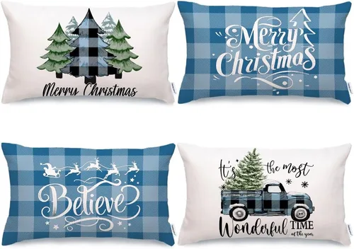 Miniatura 13 de GEEORY Fundas de Almohada Decorativas Feliz Navidad 16x16 Pulgadas Juego de 4, Árboles de Navidad Camión Cuadros Buffalo Azul Believe Estilo Granja