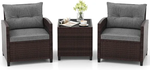 Miniatura 22 de Tangkula Juego de muebles de patio de 3 piezas, mimbre de ratán PE, juego de sofá de 3 piezas para exteriores con cojín lavable y superficie de mesa
