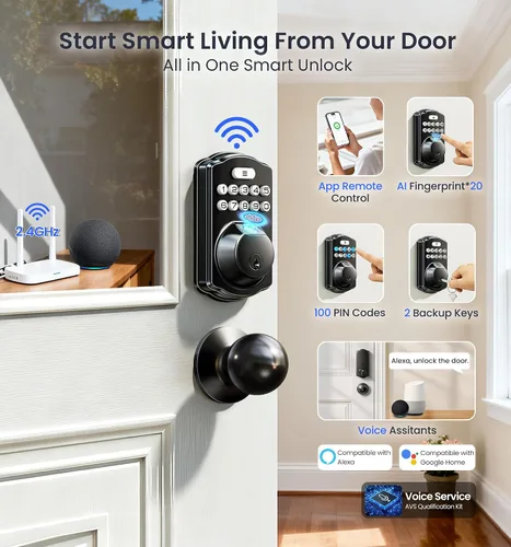 Miniatura 3 de Veise VE012W-K - Cerradura inteligente de huellas dactilares WiFi integrada con 2 perillas, no necesita concentrador, control remoto por aplicación