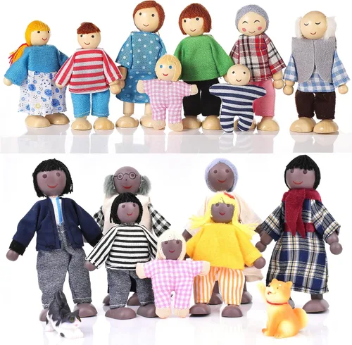 Miniatura 2 de 17 piezas de casa de muñecas de madera, personas de 15 figuras familiares y 2 mascotas (perro y gato), juego familiar de muñecas para niñas y niños