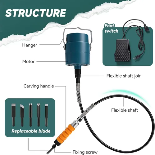 Miniatura 2 de Molino colgante de cincel de madera eléctrico, máquina de grabado de control de pedal para carpintería, máquina de tallar cincel de madera con mango