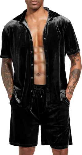 Miniatura 57 de LecGee Conjunto de pantalones cortos casuales de verano para hombre, camisa de terciopelo de manga corta con botones, pantalones cortos de cintura