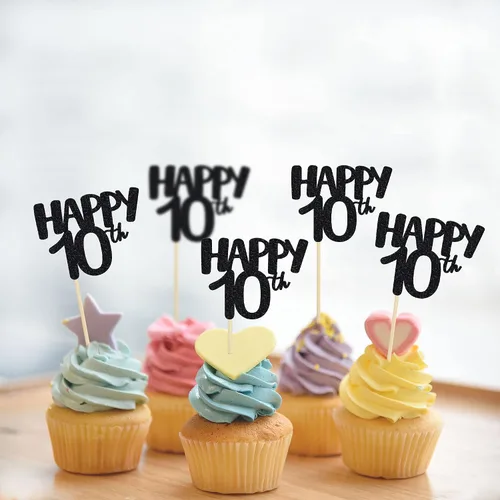 Miniatura 6 de Gyufise Paquete de 24 adornos negros para cupcakes con el número 10, para celebrar 10 cumpleaños, bodas, aniversarios, fiestas, suministros