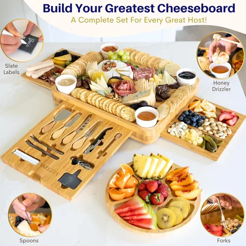Miniatura 5 de Juego de tablas de charcutería – Tabla grande de queso de bambú y plato con accesorios de charcutería, regalos de inauguración de la casa