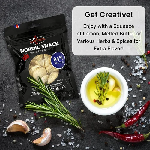 Miniatura 5 de Bocadillos de bacalao liofilizados (Hardfiskur) pescado capturado silvestre Snack nórdico saludable con alto contenido de proteínas