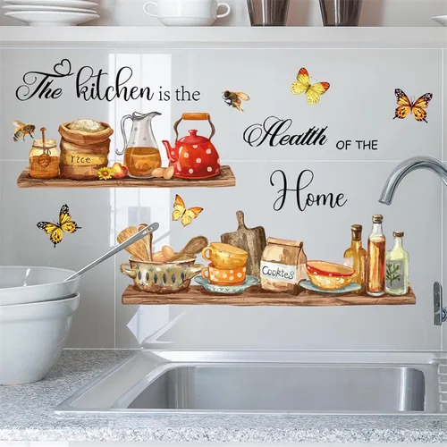 Miniatura 6 de Adhesivos de pared para estante de utensilios de cocina, sacinora The Kitchen is the Heart of Home, calcomanía de pared de abeja de mariposa, vinilo