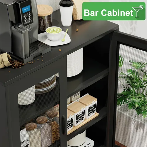 Miniatura 4 de COFaR Armario de almacenamiento de metal con puertas de malla, armario de metal negro con estantes, soporte corto de TV para barra de café, aparador
