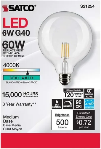 Miniatura 4 de Satco 6Pk 6w G40 Globo Filamento LED 4000K Base Mediana Regulable - 60W Equiv