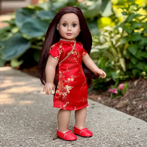 Miniatura 5 de Asian Beauty - Vestido tradicional asiático rojo y dorado con zapatos rojos, ropa para muñecas de 18 pulgadas (toll no incluido) Vestido