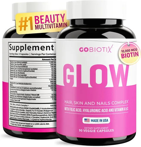 GOBIOTIX Vitaminas para el cabello, la piel y las uñas para mujeres, 10,000 mcg de biotina, ácido hialurónico y MSM, 28 vitaminas con folato y