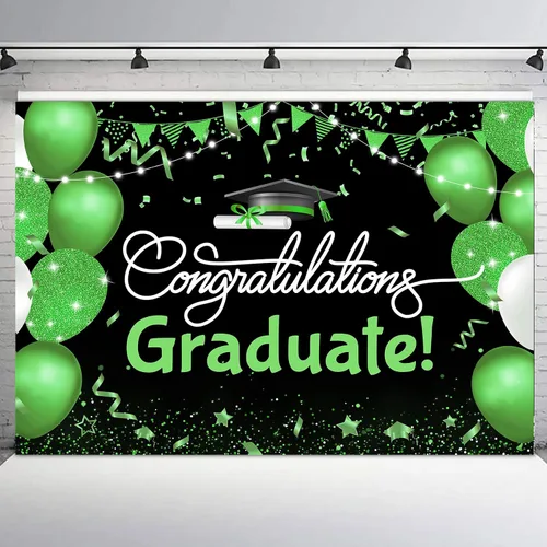 Miniatura 11 de Telón de fondo de graduación de 5 x 3 pies para sesión de fotos, globos negros y dorados, felicitaciones, graduados, clase de 2025, felicitaciones