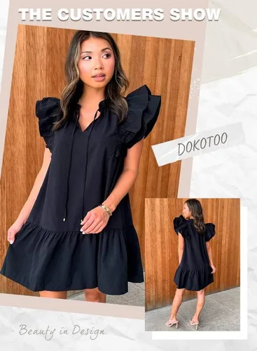 Miniatura 5 de Dokotoo Vestido corto de verano para mujer con cuello en V, cordón y volantes, manga corta, bolsillos laterales, mini vestido de verano