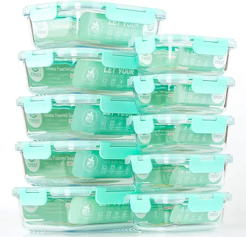 Miniatura 8 de C CREST [Paquete de 10] Contenedores de vidrio para almacenamiento de alimentos con tapas, herméticos, sin BPA, recipientes de preparación de Verde