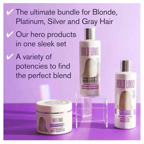 Miniatura 7 de Set de regalo de Champú, Acondicionador y Mascarilla Trío Púrpura. Elimina tonos amarillos metálicos. Aclarante para rubio, platino, ceniza