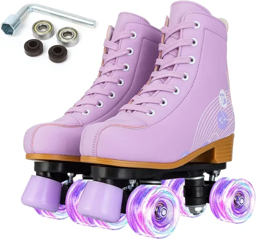 Miniatura 10 de SilverTree Patines de ruedas para mujeres y niñas, de piel sintética, para adultos, ruedas Derby con luz, cuatro ruedas brillantes
